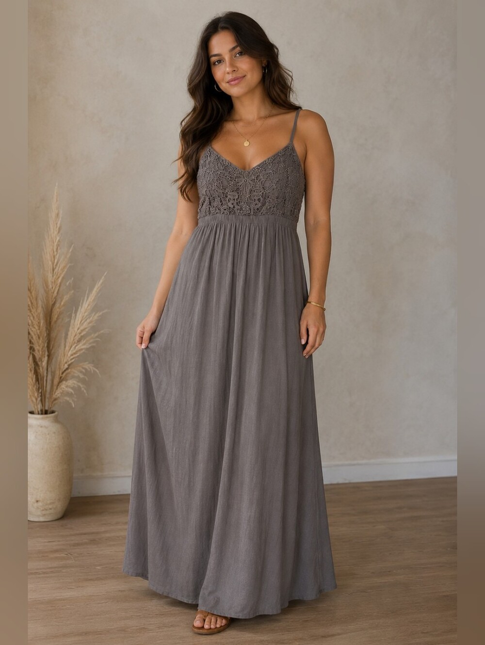 Spaghetti Strap Crochet Bodice Maxi Dress Bohemian Beachy Romantic Fairy XL Gray